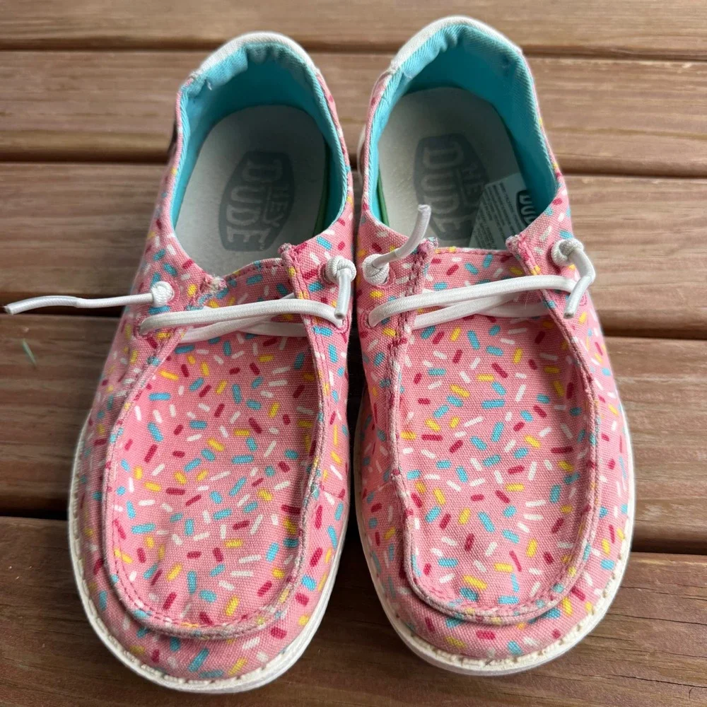 Hey Dude Wendy Youth Birthday Pink Sprinkle Slip On Loafers Shoes Size Y2 W3